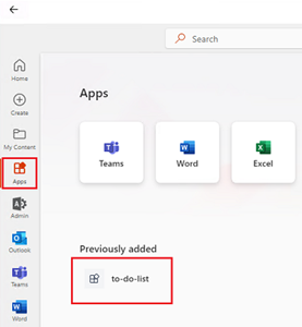 Microsoft 365 デスクトップ クライアントのサイド バーにある [アプリ] オプションを示すスクリーンショット。インストールされているタブ アプリが表示されます。