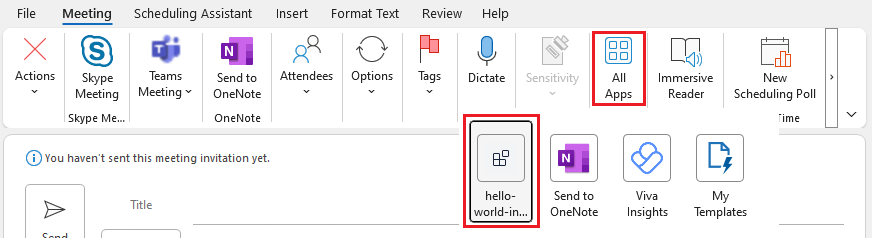 Outlook 会議スケジューラの [すべてのアプリ] メニューに表示されるアップロードされた会議アプリ