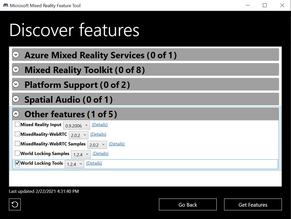 Mixed Reality Feature Tool のスクリーンショット