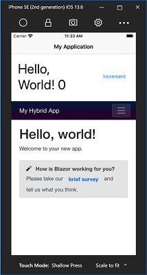 iOS シミュレーターで実行されているハイブリッド アプリをHello Worldする