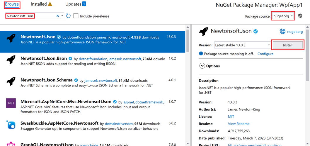 ブラウザーのタブが選択された NuGet パッケージ マネージャーのウィンドウを示すスクリーンショット。