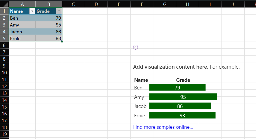 Excel でアドイン コンテンツの視覚化が開きます。