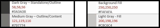 単線の灰色の 4 つの濃淡:スタンドアロンまたはアウトラインの場合は濃い灰色、アウトラインまたはコンテンツの場合は中程度の灰色、背景の塗りつぶしには非常に淡い灰色、塗りつぶしの場合は淡い灰色。