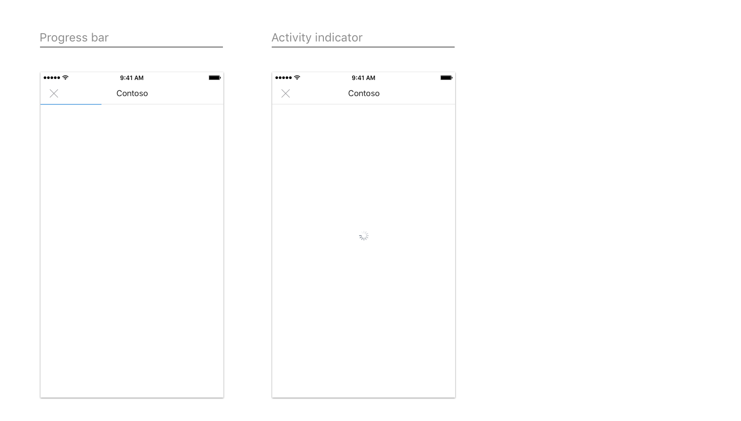 iOS の進行状況バーとアクティビティ インジケータの例。