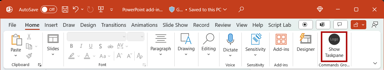 PowerPoint のホームリボン上で強調表示されている [作業ウィンドウの表示] ボタン。