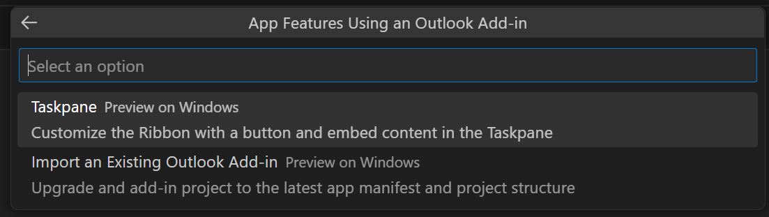 [Outlook アドインを使用したアプリ機能] ドロップダウンの 2 つのオプション。最初のオプション 'Taskpane' が選択されています。
