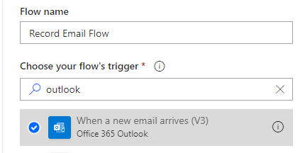 [フロー名] と [choose your folow’s trigger (フローのトリガーを選択する)] オプションを示す Power Automate Flow の一部。フロー名は 