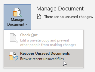 スクリーンショットは、[保存されていない文書の回復] が選択された状態の [ドキュメントの管理] オプションを示しています。