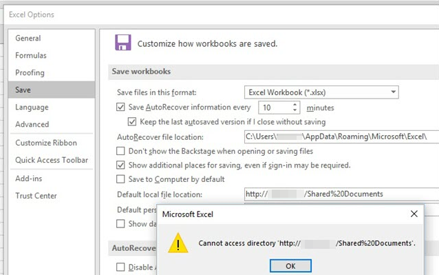 既定の保存場所を SharePoint の場所に変更した後のエラー メッセージのスクリーンショット。