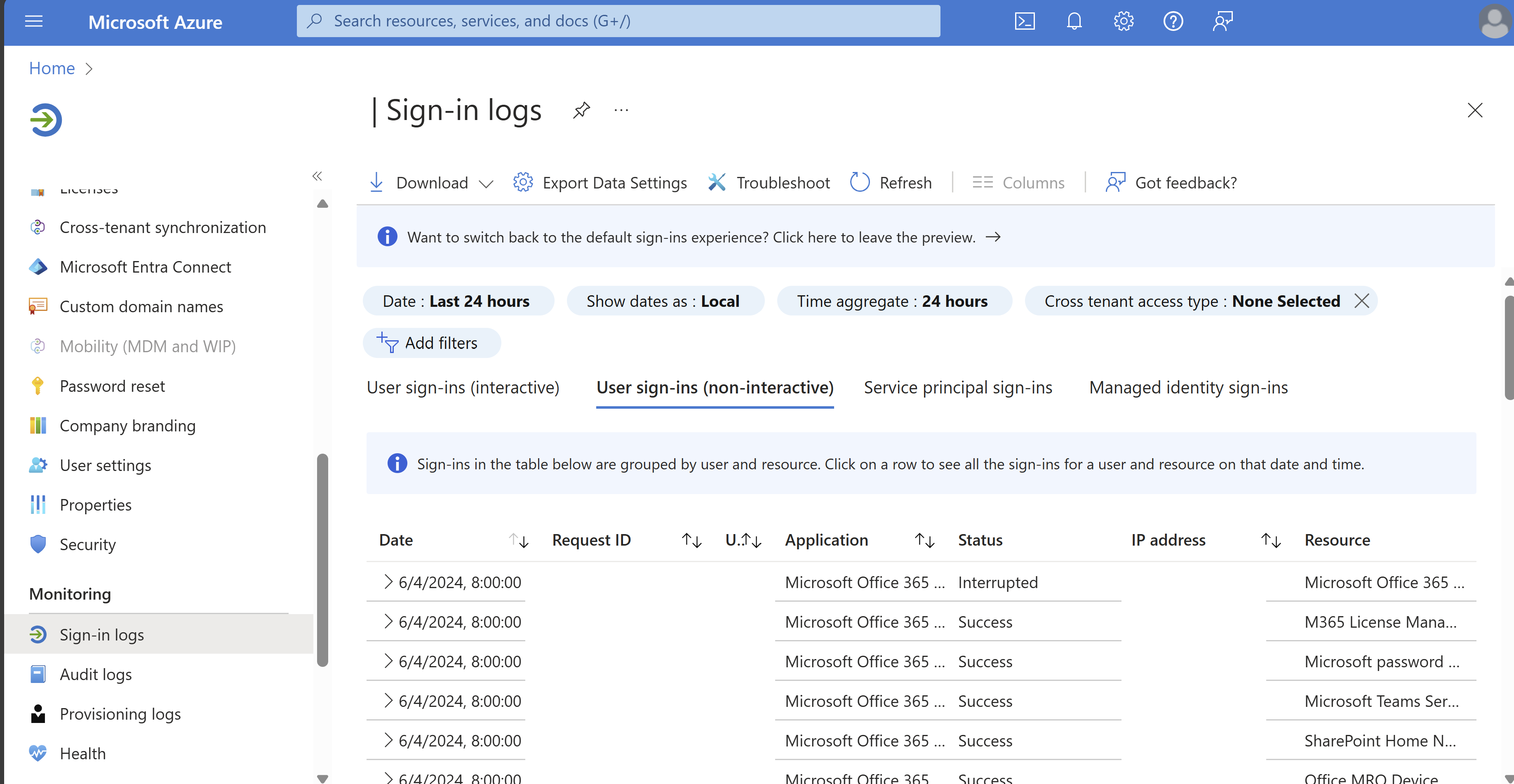 Microsoft Entra 管理センターのスクリーンショット。ユーザー サインインにクロステナント アクセスの種類:サービス プロバイダーというフィルターが追加されています。