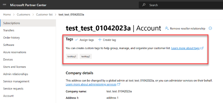 パートナー センターで個々の顧客ページから顧客タグを割り当てるスクリーンショット。