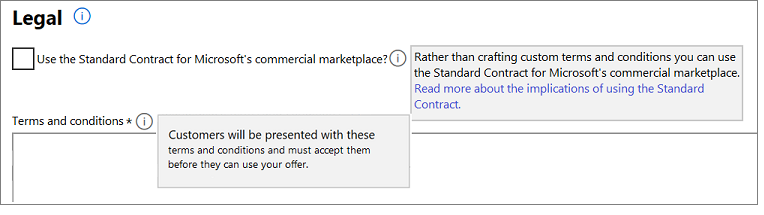 [Microsoft コマーシャル マーケットプレース向けの標準契約を使用する] チェックボックスの画像。