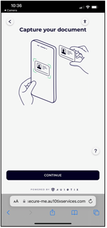 モバイル デバイスの [AU10TIX] ページのスクリーンショット: ドキュメントをキャプチャします。図は、ID カードの写真を撮影しているカメラを示しています。