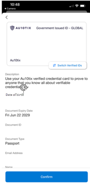 ID カードのプレビューと資格情報に関するその他の情報を含む、モバイル デバイスの [Microsoft Authenticator] ページのスクリーンショット。[確認] ボタンが表示されます。