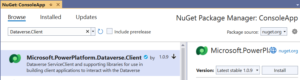 Microsoft.PowerPlatform.Dataverse.Client NuGet パッケージをインストールします。