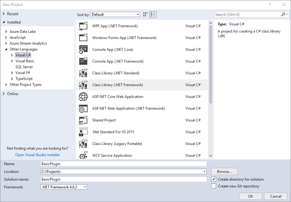 .NET Framework 4.6.2 を使用して新しいクラス ライブラリ (.NET Framework) を開く。