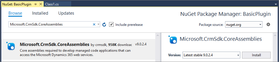 Microsoft.CrmSdk.CoreAssemblies NuGet パッケージのインストール。