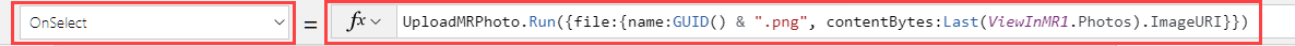 最後に撮影した写真をアップロードする Power Apps Studio 数式バーにある ボタン コントロールの OnSelect プロパティのスクリーンショット。