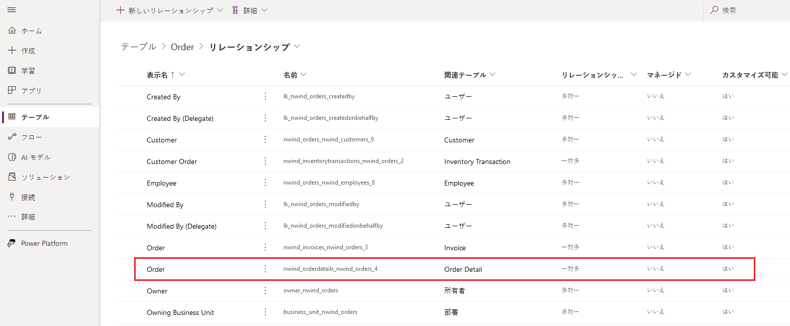 注文テーブルと注文詳細テーブル間の一対多の関連付け。