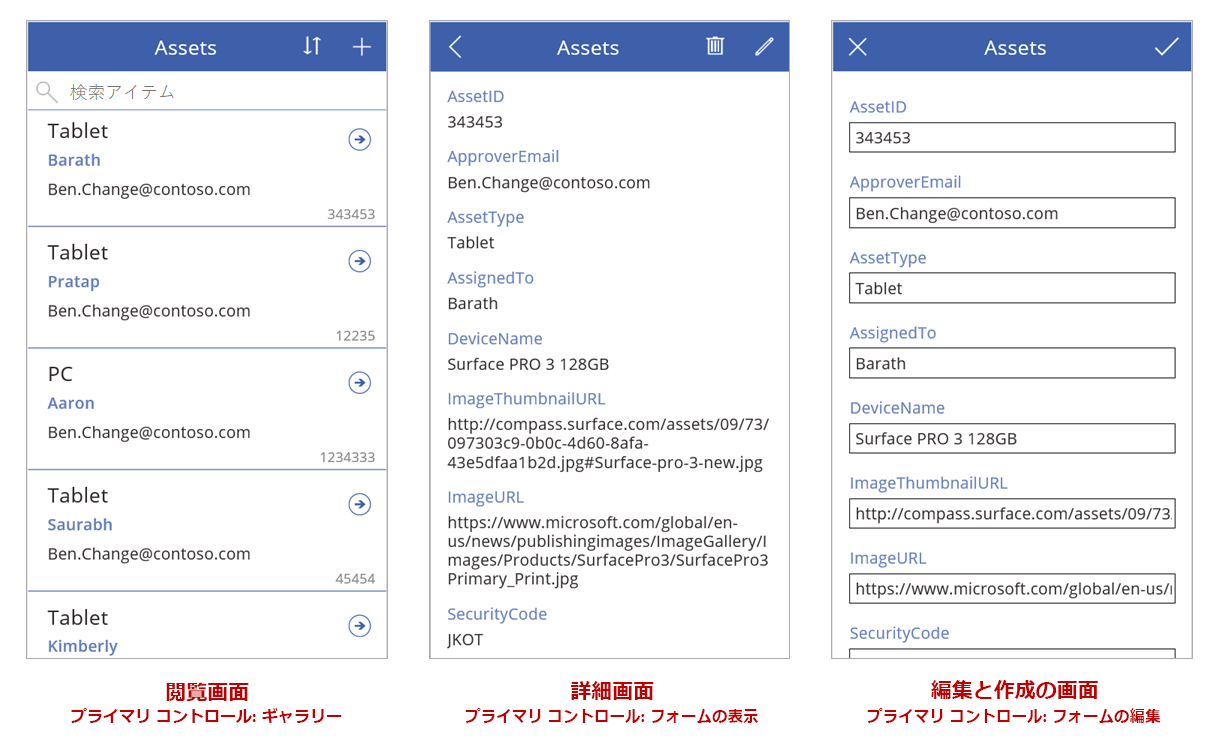 3 つの画面でレコードを参照、表示、編集します。