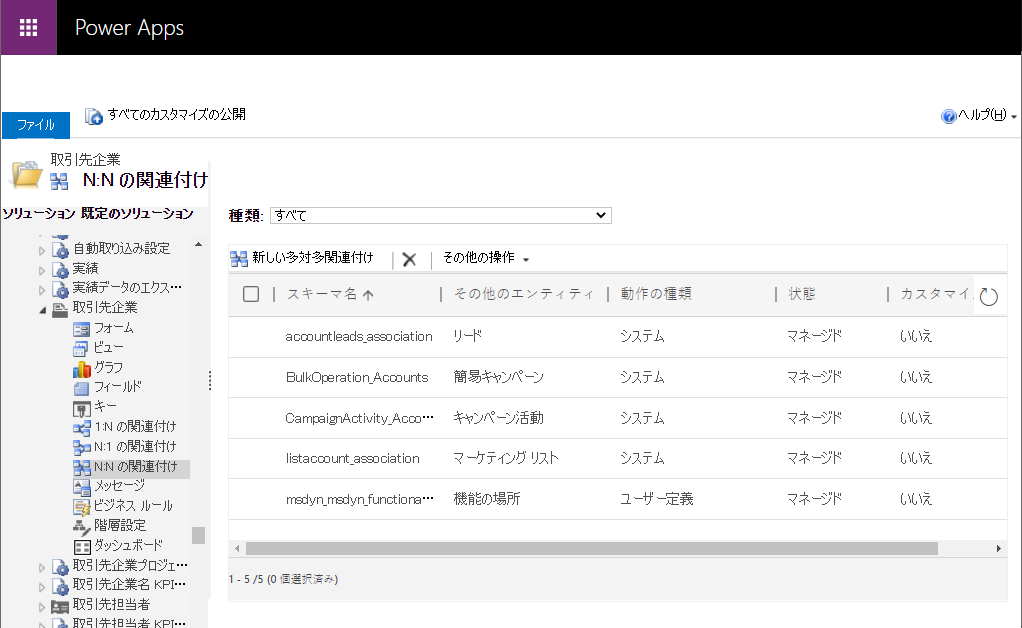 N:N のテーブルの関連付けを表示します。