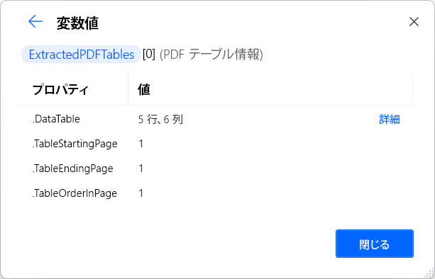 PDF テーブル情報のリストのプロパティのスクリーンショット。