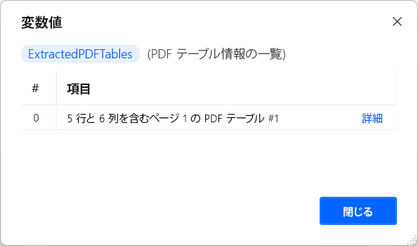 PDF テーブル情報のリストのスクリーンショット。