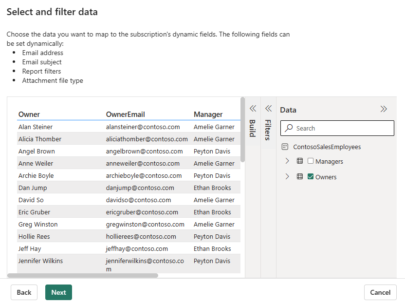 ウィザードの選択とフィルターのステップを示す Power BI サービスのスクリーンショット。