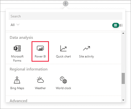 [データ分析] セクションの [Power BI] が選択されているスクリーンショット。