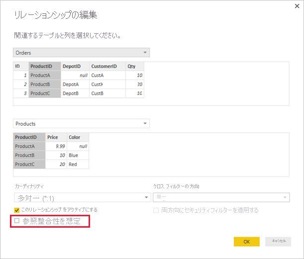 Screenshot of an Edit Relationship dialog to select Assume Referential Integrity.