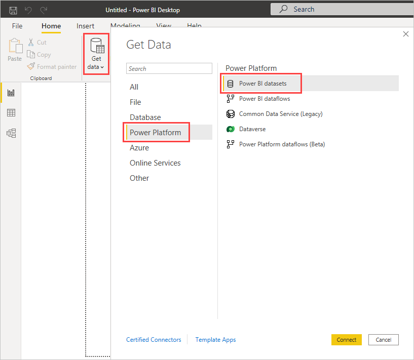 Power BI Desktop の [データの取得] 画面で Power BI セマンティック モデルを選択している様子を示すスクリーンショット。