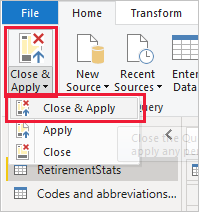 Screenshot of Power Query Editor's Close & Apply button.