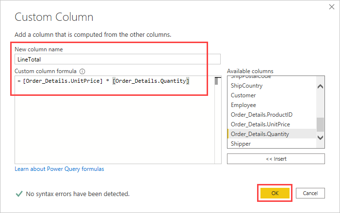 Screenshot that highlights the New column name and Custom column formula fields.