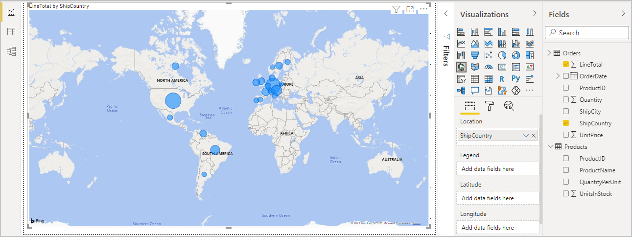 Screenshot that shows the LineTotals by ShipCountry map visualization.