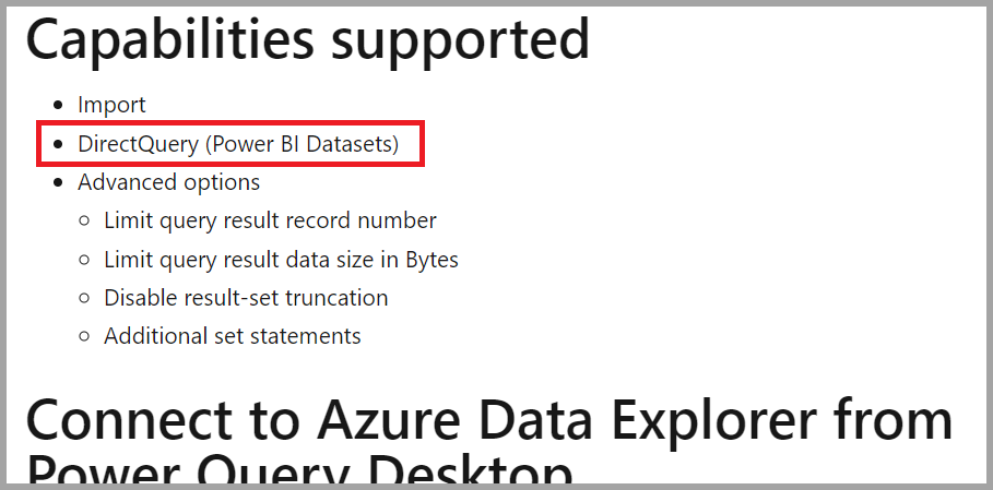 Screenshot showing DirectQuery as a capability of a data connector.