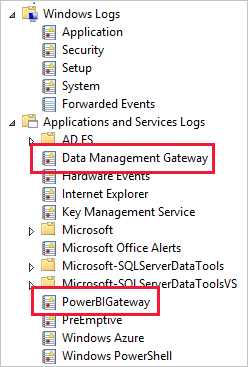 [アプリケーションとサービス ログ] ディレクトリの Data Management Gateway と PowerBIGateway のログを示すスクリーンショット。