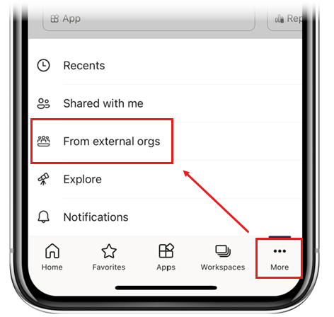 Screenshot showing selection of From external orgs option from More options menu.