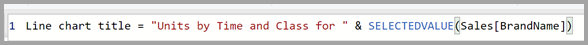 Screenshot showing the DAX formula: Line chart title = 