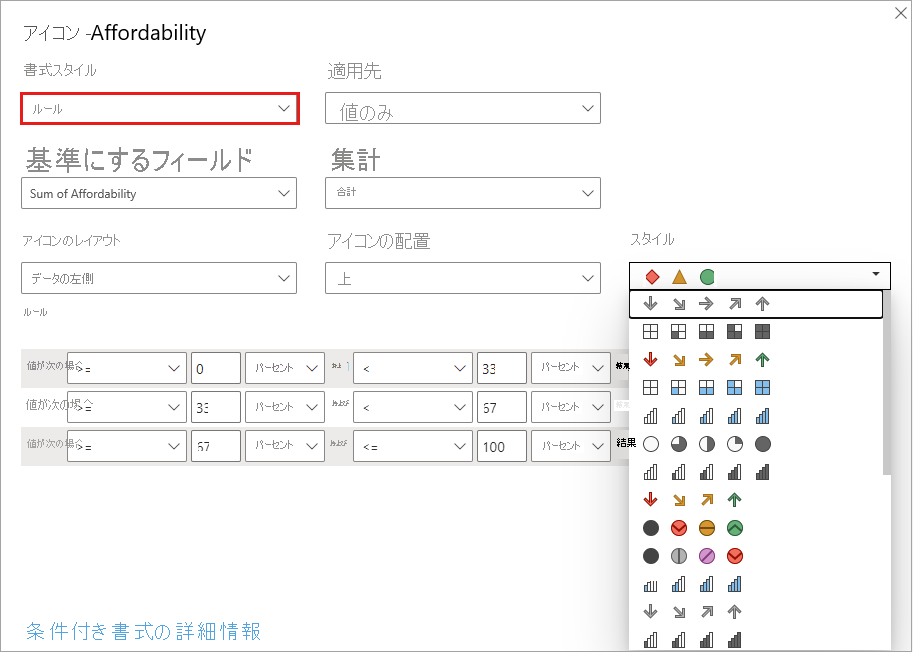 Dialog of icons: format style is set to Rules. Available icons are shown under the Style dropdown.