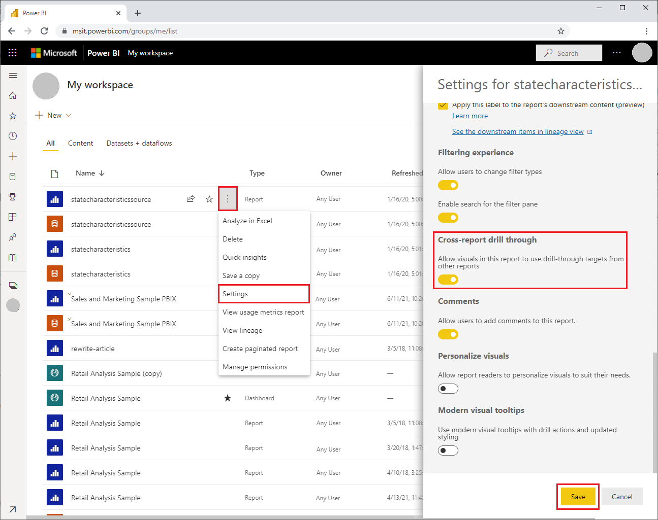 Screenshot showing enabling cross-report drillthrough in the Power B I service.