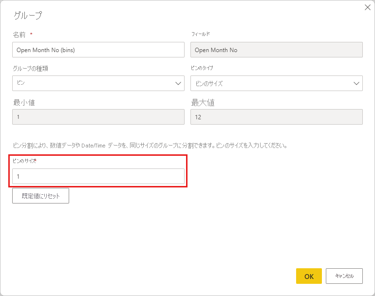 [グループ] ダイアログ ボックスのスクリーンショット。[ビン サイズ] ボックスが強調表示されています。