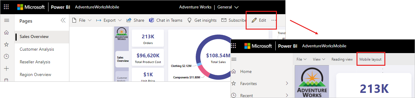 Power BI サービスにレイアウト スイッチャーが表示されているスクリーンショット