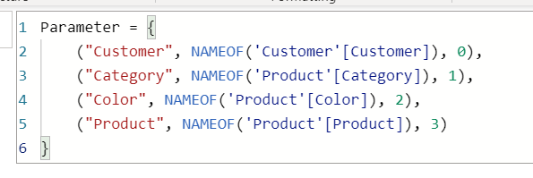 Power BI で入力された DAX パラメーターの例のスクリーンショット。