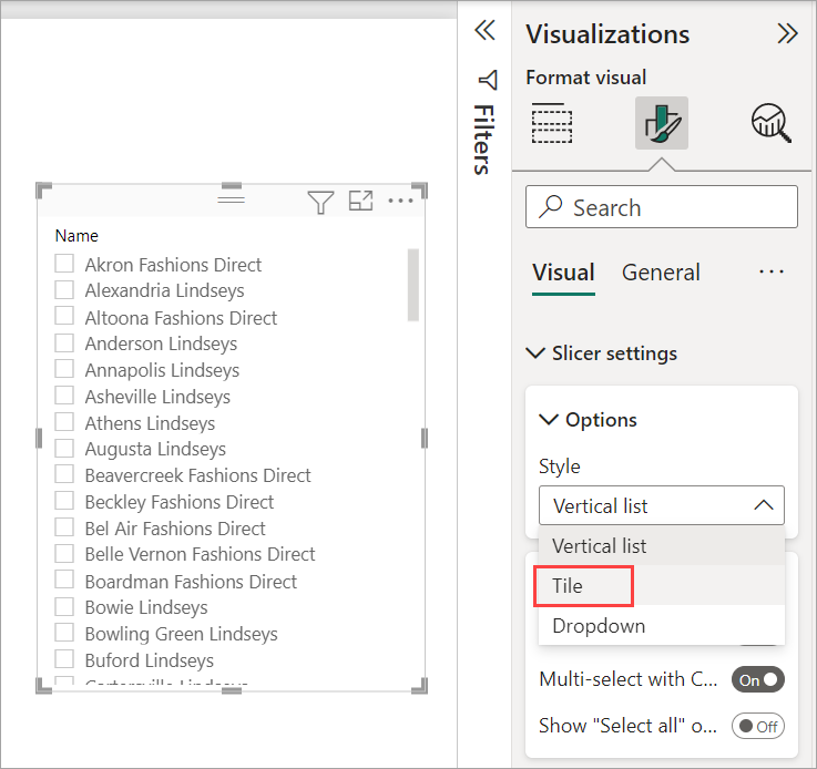 Screenshot shows setting the slicer style to Tile in Power BI Desktop.