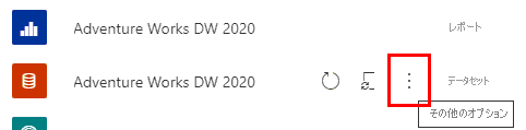 Power BI ワークスペース コンテンツ ビューのスクリーンショット。セマンティック モデル上で [その他のオプション] ボタンが強調表示されています。