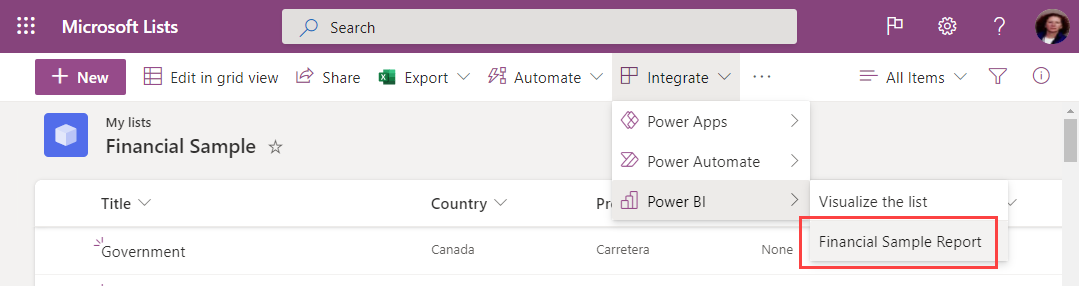 Screenshot of Report on the Integrate Power BI menu.