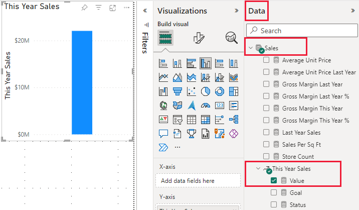 Screenshot of the report editor, highlighting the Data pane, Sales, This Year Sales, and Value.