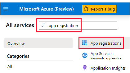 検索ボックスにアプリの登録が表示されている Azure portal のスクリーンショット。そのボックスと [アプリの登録] アイコンが強調表示されています。