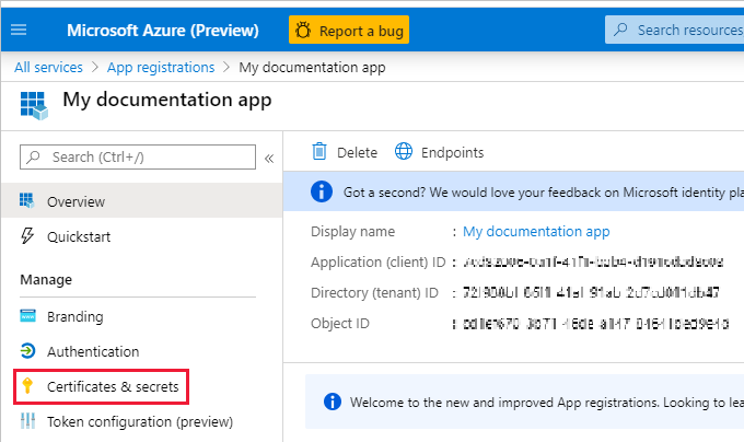 Azure portal ウィンドウのスクリーンショット。アプリの [証明書とシークレット] ペインが表示されています。