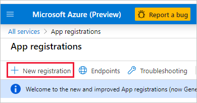 Azure portal の [アプリの登録] ページのスクリーンショット。[新規登録] が強調表示されています。